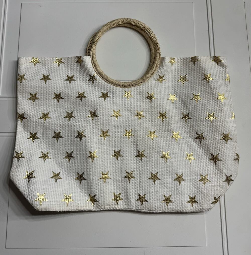 Lane Bryant Gold Star White Beach Bag Tote Paper Canvas Handbag